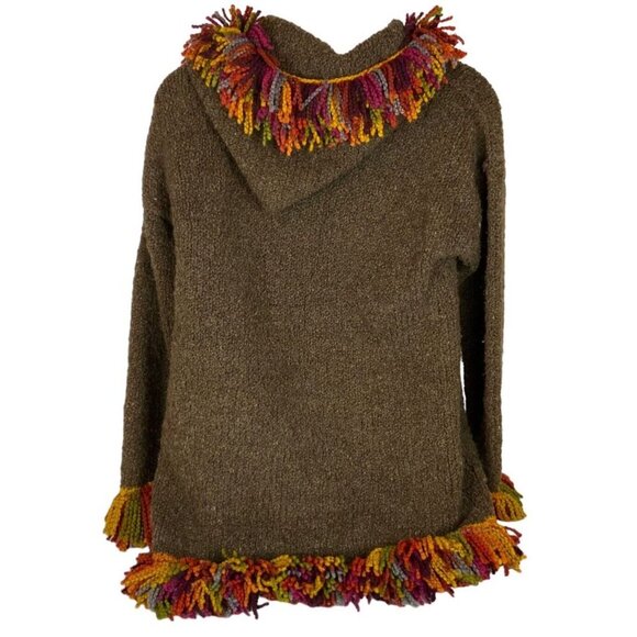 Pachamama Handmade Hoodie Cardigan Sweater Large Brown Fringed Chunky Wool - Picture 2 of 9